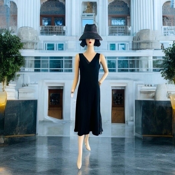 Vintage Jones NY Black V-Neck Ruffle Beaded Midi Ball Gown Dress Size 10 NWT